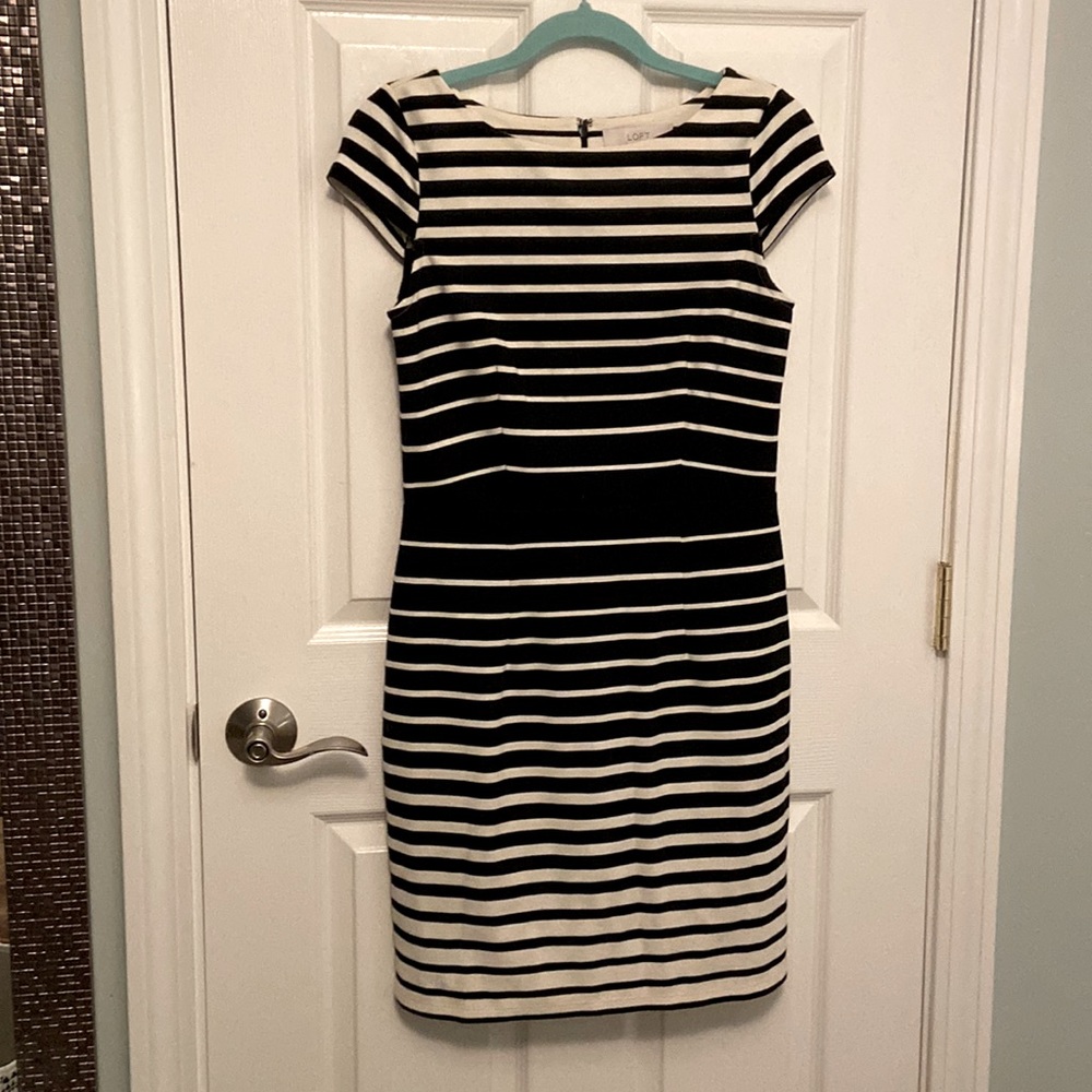 Loft Black and Off-White Striped Dress